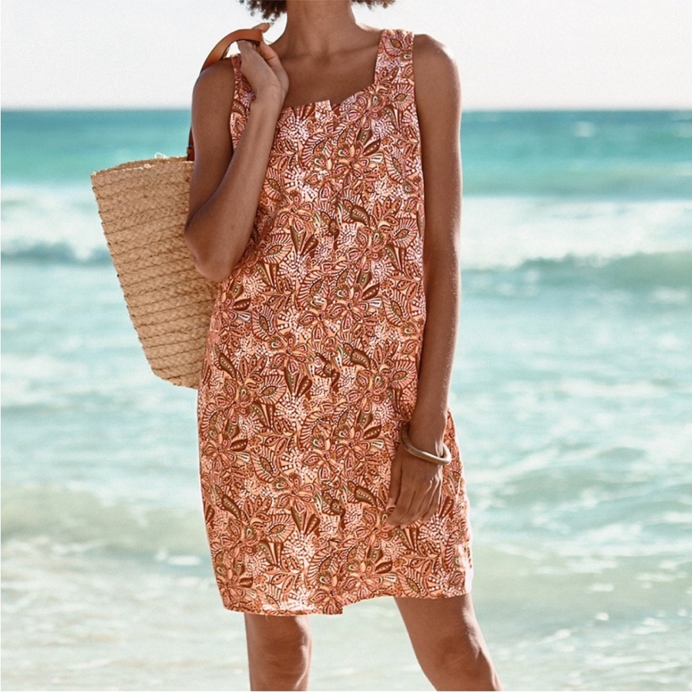 Garnet Hill Orange Floral Print Midi Dress